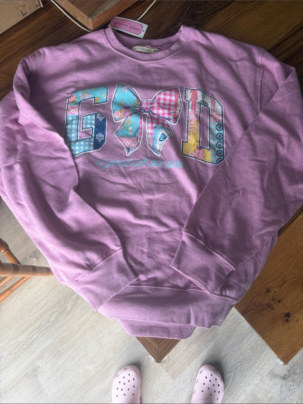 Simply Southern Lavender Crewneck Sweatshirt with Patchwork Bow Graphic
